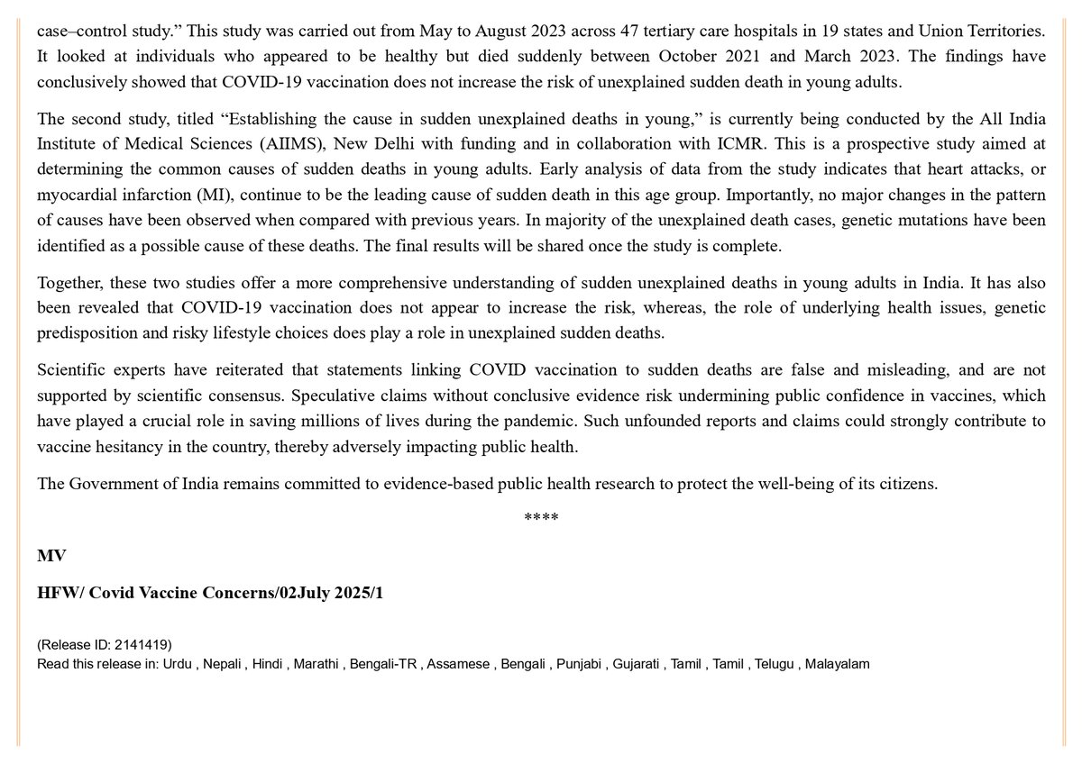 Extensive studies by ICMR and AIIMS have confirmed that there is no link between COVID-19 vaccines and sudden deaths, with lifestyle, genetic factors, and pre-existing health conditions identified as the primary causes @AIIMS_NewDelhi <a href="/FollowCII/">Confederation of Indian Industry</a> <a href="/MoHFW_INDIA/">Ministry of Health</a>