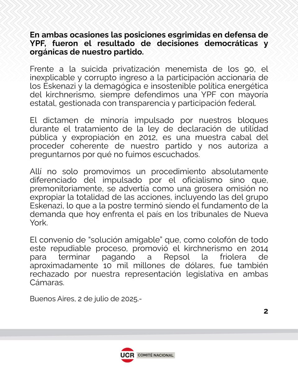 #Comunicado | El radicalismo exhorta a todas las fuerzas políticas a defender YPF, una causa común de todos los argentinos.