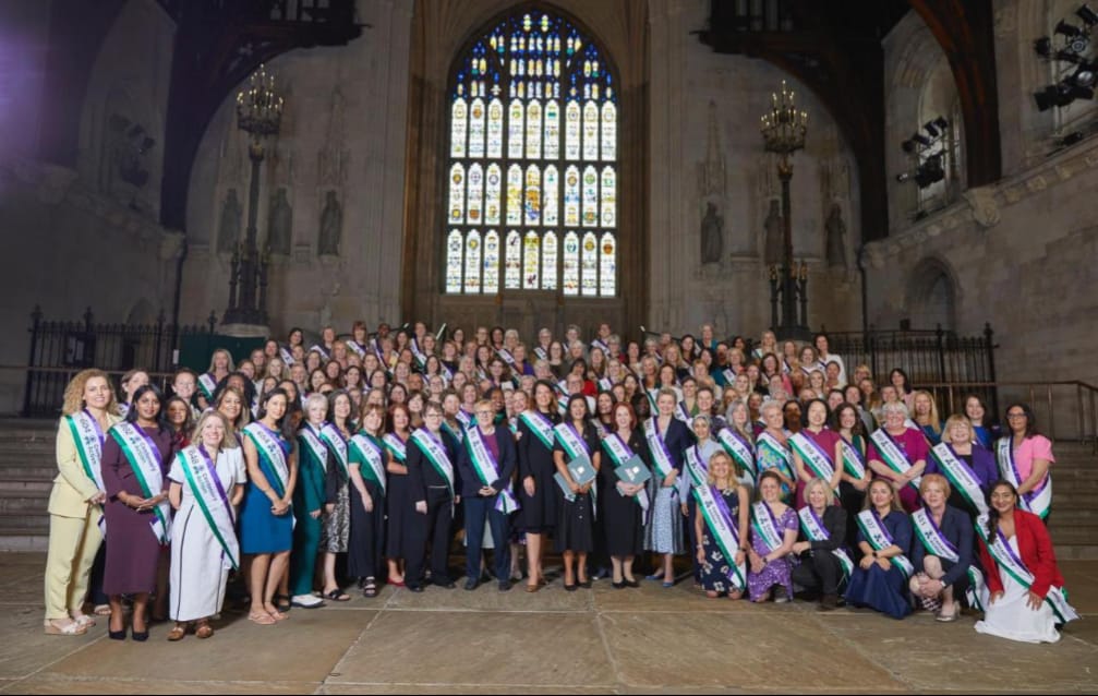 SamanthaDixonMP's tweet photo. Honoured to stand with incredible women MPs to mark 97 years since women won the vote on equal terms.

Thanks to @CentenaryAction for a special event and @RemakeNewport for the beautiful sashes celebrating #WomenInParliament.

Proud to be the 560th woman elected to the Commons. https://t.co/9ocLtYp4N1