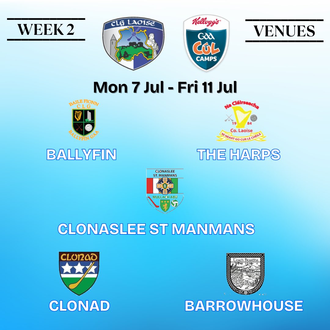 The Laois GAA Kellogg’s Cul Camps Week 2 Camps🔵⚪️

Register Now!!✍️ 

kelloggsculcamps.gaa.ie/booking/?count…

*There will be no registration on the morning of our camps. All registrations should be done online before close of registration at 12pm this Friday 4th July.*