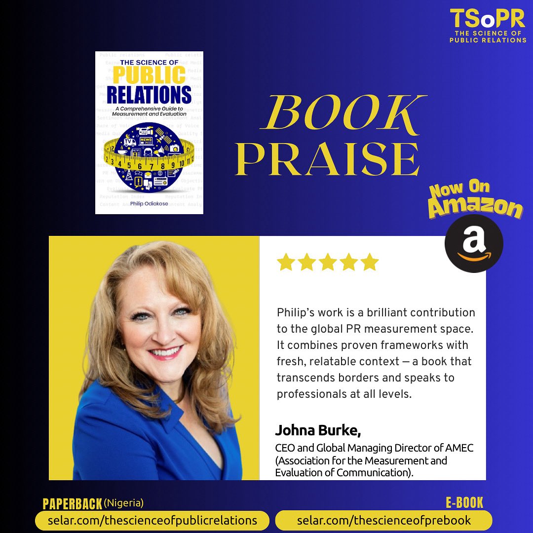 “Philip’s work is a brilliant contribution to global PR measurement.” – <a href="/gojohnab/">Johna B.</a> , CEO, <a href="/AmecOrg/">AmecOrg</a> 

A must-read for PR pros, comms teams, lecturers &amp; Mass Comm/PR students. 

🌍 Amazon (Paperback) – bit.ly/thescienceofpu…:

🇳🇬 Nigeria (Paperback) – selar.com/thescienceofpu…