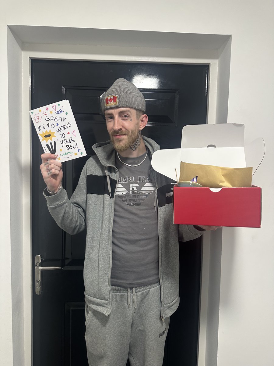 Great picture of Devan holding his Home Sweet Home card and box, which is packed with items to help him settle into his new home. Wishing him all best on his next chapter. 😊👍