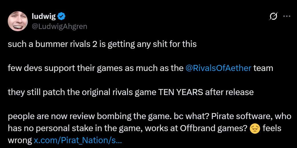 MischiefsYT's tweet photo. None of OffBrand Games's titles are getting review bombed.
Ludwig and Pirate Software are both blatantly lying to seemingly further slander the "Stop Killing Games" movement.

Incredibly weird and manipulative behaviour from the both of them here... https://t.co/gKHnh0Ocx7