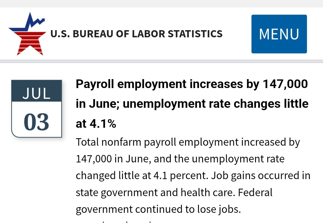 June 2025 jobs report:

147,000 jobs added versus 110,000 new jobs expected. Unemployment is at 4.1% versus an expected 4.3%.
.