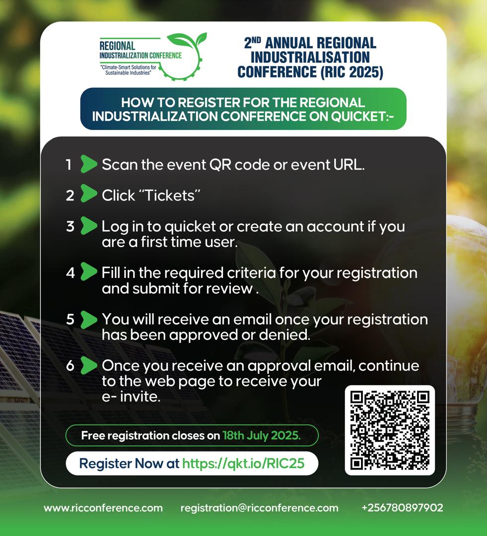 Join us at the 2nd Annual Regional Industrialization Conference(RIC 2025)
📅 5–6 Aug | 📍Kampala Serena Hotel
🎯 Theme: “Enhancing Policy Advocacy for Sustainable Regional Industrial Growth”
✅ Free registration ends: 18th July
🔗 Register now-Link in bio
#RIC2025 #GreenGrowth