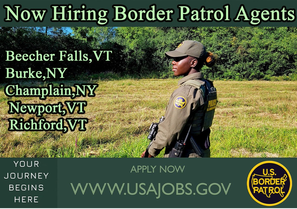 We continue to hire Border Patrol Agents to certain locations in New York and Vermont, which also includes a $20,000 hiring incentive. Announcements close 07/31/2025. Apply now! Links to apply: usajobs.gov/job/839485200 and usajobs.gov/job/839485400
