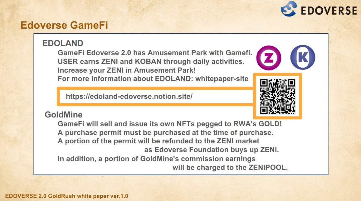 Not your average P2E.

💥 Daily activity = earn $ZENI &amp; $KOBAN
💥 Spin it at the Amusement Park
💥 Redeem GoldMine NFTs backed by actual RWA:Gold

This is Edoverse 2.0!

Learn more in our Whitepaper 👇edoverse.org/data/Edoverse2…

#metaversenft #GameFi #NFTs #crypto #Polygon #dyor