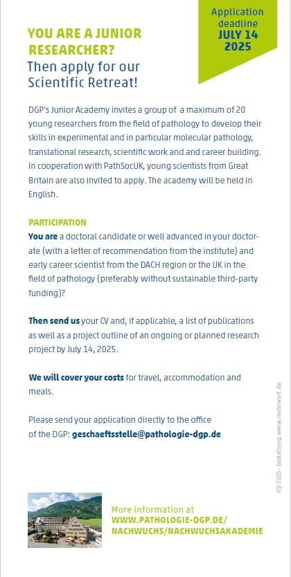 pathsoc's tweet image. 📅 DEADLINE: 14 July 2025
Don't forget to apply for a retreat at the 6th Junior Academy of the German Society of Pathology in Ammerland, Bavaria (Sept 28–Oct 2, 2025)
Travel, accommodation & meals covered
Email geschaeftsstelle@pathologie-dgp.de
Info: pathologie-dgp.de/nachwuchs/nach…