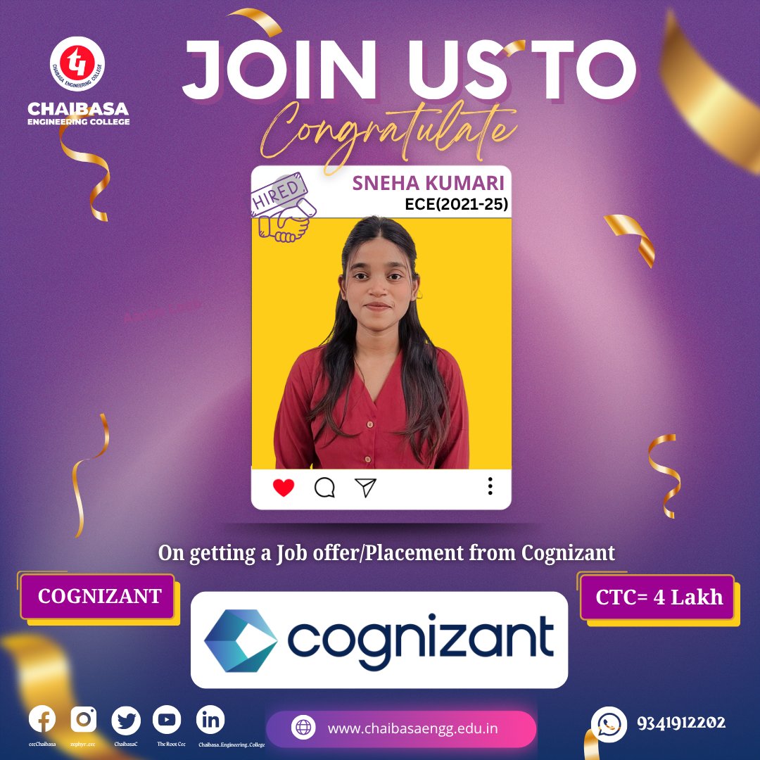 ChaibasaC's tweet photo. 🎉 Big congrats to Sneha Kumari (ECE, 2021–25) from Chaibasa Engineering College on getting placed at Cognizant with a ₹4 LPA CTC! 🚀

Wishing her a bright and successful journey ahead! 🌟

#PlacementSuccess #Cognizant #ChaibasaEngineeringCollege #ProudMoment #Hired https://t.co/qGaHP2mcGy