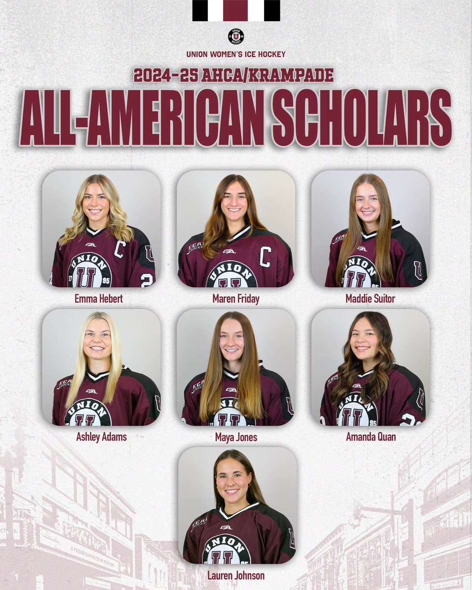 Congratulations to our 7️⃣ 2024-25 AHCA/Krampade All-American Scholars! 

Student-athletes must maintain over a 3.75 GPA each semester to qualify!

#UnionHockey X #GoU