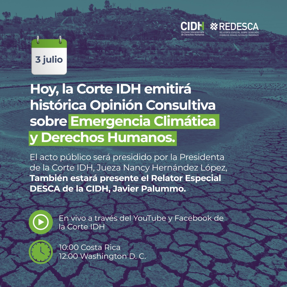 #REDESCA (@desca_cidh) on Twitter photo #Hoy, la <a href="/CorteIDH/">Corte Interamericana de Derechos Humanos</a> emitirá histórica Opinión Consultiva sobre #EmergenciaClimática y #DerechosHumanos. El acto público será presidido por la Presidenta de la Corte IDH, Jueza Nancy Hernández López, También estará presente el Relator Especial DESCA de la CIDH, <a href="/jpalummo/">Javier Palummo</a>
➡️En vivo #Hoy, la <a href="/CorteIDH/">Corte Interamericana de Derechos Humanos</a> emitirá histórica Opinión Consultiva sobre #EmergenciaClimática y #DerechosHumanos. El acto público será presidido por la Presidenta de la Corte IDH, Jueza Nancy Hernández López, También estará presente el Relator Especial DESCA de la CIDH, <a href="/jpalummo/">Javier Palummo</a>
➡️En vivo