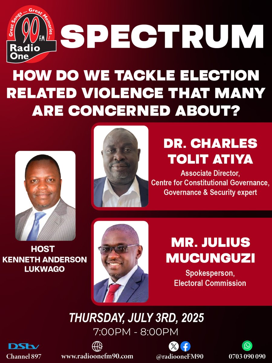 Radio One FM90 (@radioonefm90) on Twitter photo "HOW DO WE TACKLE ELECTION RELATED VIOLENCE THAT MANY ARE CONCERNED ABOUT?" - <a href="/TolitC/">Tolit Charles Atiya</a> <a href="/j_mucunguzi/">Julius Mucunguzi</a>
Tonight, on Spectrum with <a href="/anderlukson/">Kenneth Anderson Lukwago</a>
<a href="/JudiciaryUG/">Judiciary Uganda</a>
<a href="/GovUganda/">Government of Uganda</a>
<a href="/UgandaEC/">The Electoral Commission - Uganda</a>
<a href="/pwatchug/">Parliament Watch</a>
<a href="/Parliament_Ug/">Parliament of Uganda</a>
#RadioOne #FM90 #SPECTRUM "HOW DO WE TACKLE ELECTION RELATED VIOLENCE THAT MANY ARE CONCERNED ABOUT?" - <a href="/TolitC/">Tolit Charles Atiya</a> <a href="/j_mucunguzi/">Julius Mucunguzi</a>
Tonight, on Spectrum with <a href="/anderlukson/">Kenneth Anderson Lukwago</a>
<a href="/JudiciaryUG/">Judiciary Uganda</a>
<a href="/GovUganda/">Government of Uganda</a>
<a href="/UgandaEC/">The Electoral Commission - Uganda</a>
<a href="/pwatchug/">Parliament Watch</a>
<a href="/Parliament_Ug/">Parliament of Uganda</a>
#RadioOne #FM90 #SPECTRUM