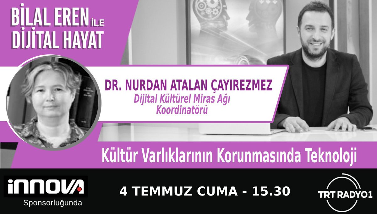 🎙️ Yarın (04.07.2025) saat 15.30’da TRT Radyo1’de #DijitalHayat programına konuk oluyoruz!
📌 Dijital Kültürel Miras Ağı Koordinatörü <a href="/ncayirezmez/">nurdan</a> , <a href="/erenbilal/">Dr. Bilal EREN</a> ’ün moderatörlüğünde “Kültür Varlıklarının Korunmasında Teknoloji” başlıklı programda soruları yanıtlayacak

Kaçırmayın!