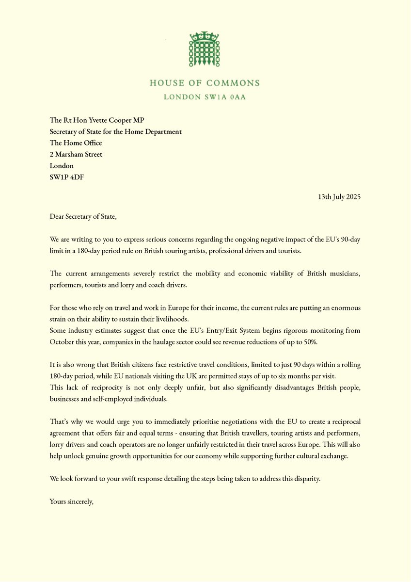 JamesMacCleary's tweet image. Myself and over 40 other @LibDems MPs have written to the Govt urging action on the unfair 90-day limit for UK nationals visiting Europe. 

UK artists, drivers and tourists need fair, reciprocal travel arrangements so they can work, tour and travel without unnecessary barriers 👇