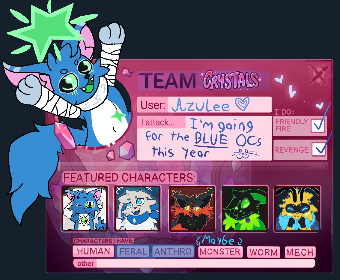 NovurRawr's tweet image. Here is my Art Fight card for this year! Go Team Crystals! #artfight2025 #artfight #Artfightteamcrystals #furry #cat
Link: artfight.net/~Azulee
