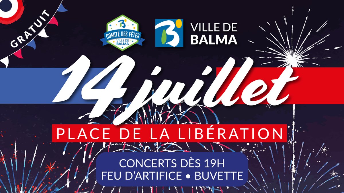 🇫🇷🎉 Le Comité des fêtes et la Ville de Balma vous donnent rdv pour la traditionnelle Fête nationale du 14 juillet : 

📆 LUNDI 14 JUILLET - DÈS 19H
📍 PL. DE LA LIBÉRATION

Après l'apéritif offert par le Comité des fêtes, on vous attend nombreux pour danser et chanter.

GRATUIT