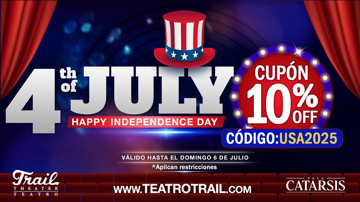 Celebra con nosotros y recibe un 10% de descuento en tus entradas. Usa el código USA2025 al comprar en teatrotrail.com.

🎟️ Válido hasta el domingo 6 de julio. ¡No dejes pasar esta oportunidad para disfrutar del mejor teatro!