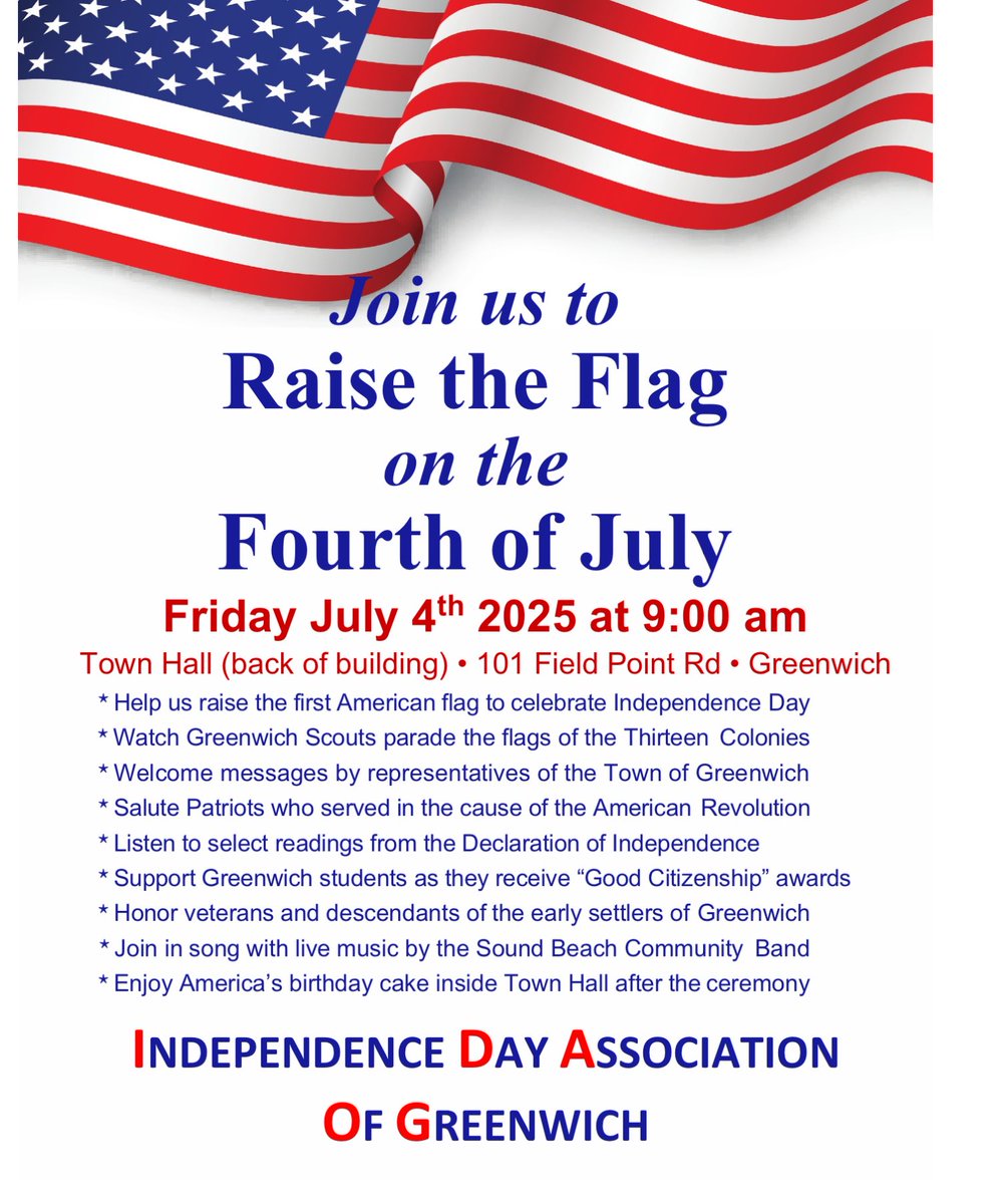 Eddie on Watch (@eddadakis) on Twitter photo Tomorrow is Americaās 249th birthday. Come celebrate at Greenwich Town Hall with the American flag raisingā-a special and poignant event honoring our great country. Plus thereās birthday cake. See you there.
<a href="/gwchsentinel/">Greenwich Sentinel</a> <a href="/GreenwichTime/">Greenwich Time</a> <a href="/GreenwichWise/">GuyWise</a> <a href="/GWCHFreePress/">Greenwich Free Press</a> Tomorrow is Americaās 249th birthday. Come celebrate at Greenwich Town Hall with the American flag raisingā-a special and poignant event honoring our great country. Plus thereās birthday cake. See you there.
<a href="/gwchsentinel/">Greenwich Sentinel</a> <a href="/GreenwichTime/">Greenwich Time</a> <a href="/GreenwichWise/">GuyWise</a> <a href="/GWCHFreePress/">Greenwich Free Press</a>