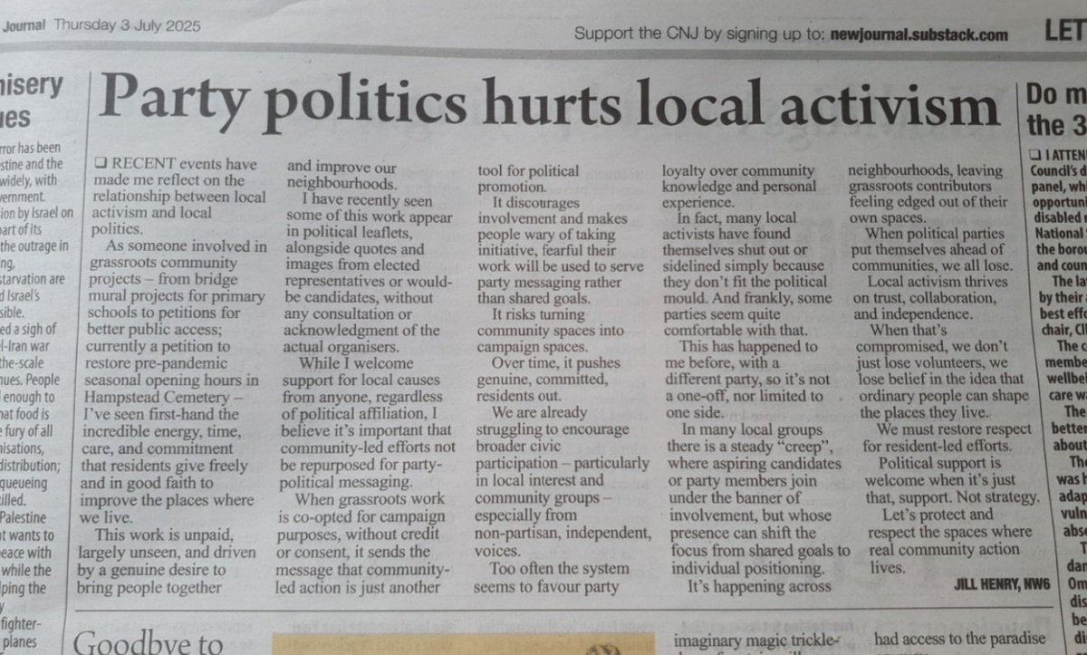 Thank you for printing my letter @newjournal It came from a place of reflection. I hope it starts some honest conversations!

Community work should be about care, but when party politics creeps in it changes everything. And puts people off. #ConmunityMatters #NoPoliticsPlease