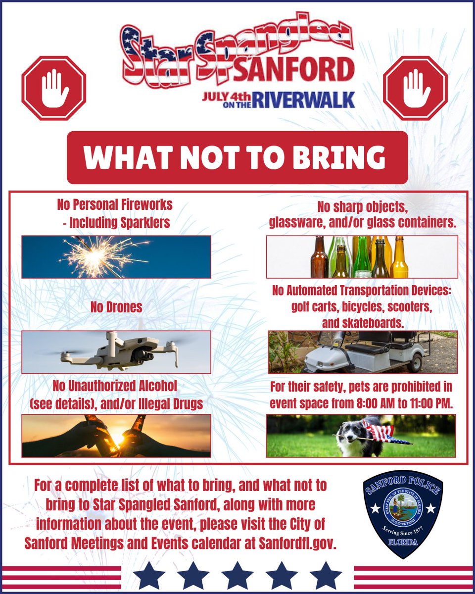 We are all excited for the Star Spangled Sanford Independence Day celebration tomorrow! Please make time to prepare ahead to get ready for a fun and safe event.

Head over to the City Of Sanford webpage for a full list of packing recommendations and other important reminders.