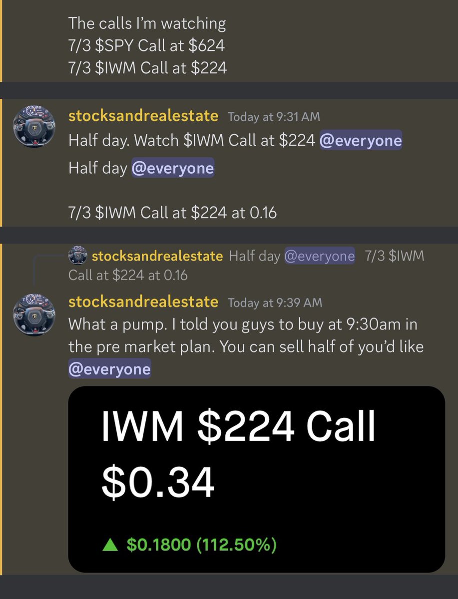 CALLS MADE US RICH
7/3 $SPY Call $624 0.32
7/3 $IWM Call $224 0.16