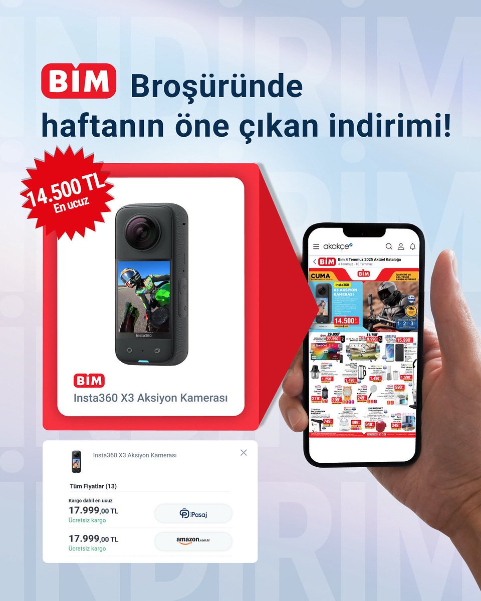 Insta360 Aksiyon Kamerası, Akakçe’de listelenen 13 fiyat arasında 4 Temmuz Bim broşüründe en uygun fiyatla satışta.📷

Daha fazla kampanya için Akakçe broşür sayfasına göz atın.📢

akakce.com/aksiyon-kamera…

*Fiyat ve stok bilgileri anlık olarak değişebilir.

#akakçe #bimaktüel