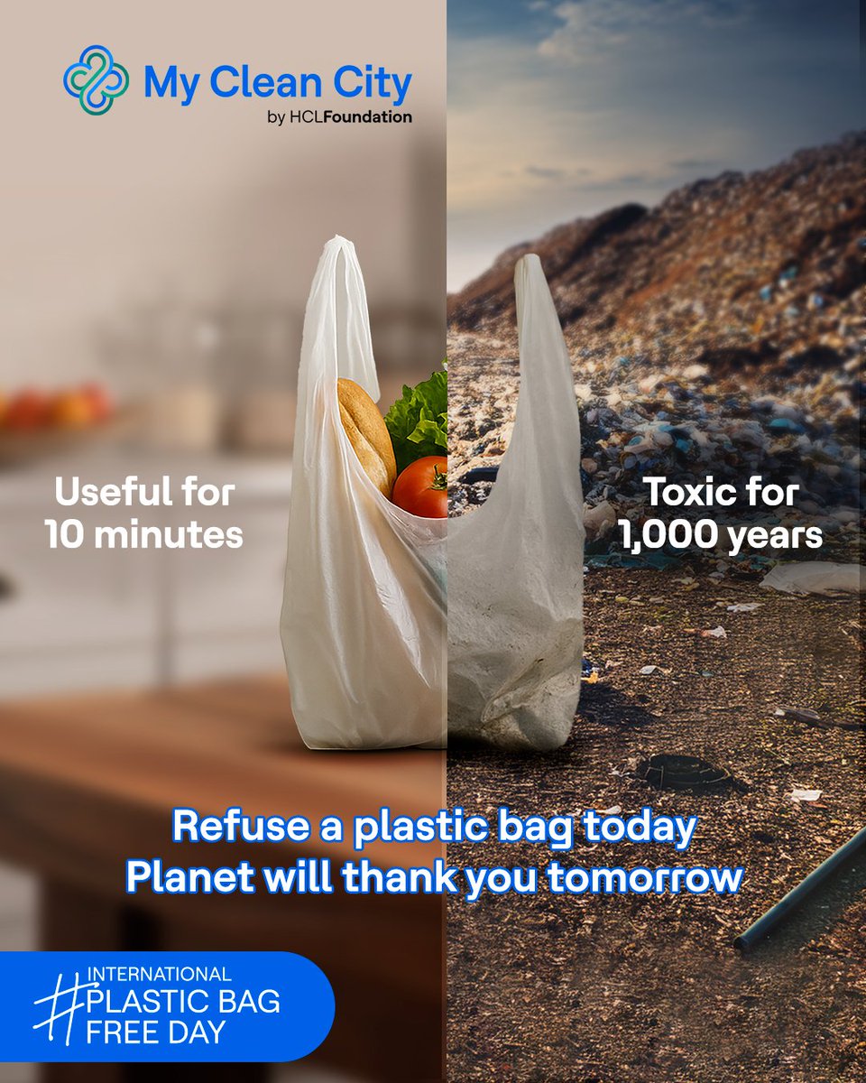 That plastic bag carried to hold a few groceries for 10 mins will stay for 1,000 years - towering on landfills, choking wildlife and polluting oceans.

This International Plastic Bag Free Day, go plastic free. And Remember to reduce, recycle and refuse.
<a href="/hcltech/">HCLTech</a> <a href="/HCL_Foundation/">HCLFoundation</a>