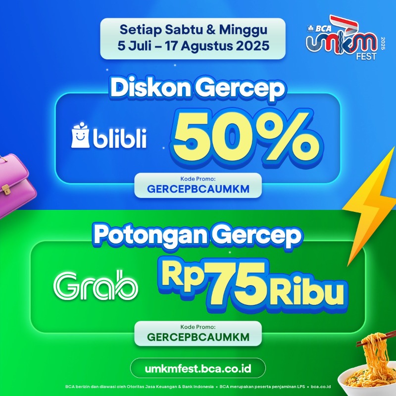 GoodLifeBCA's tweet photo. Diskon hingga 80% di BCA UMKM FEST Online 🛍️

Serbu brand lokal favorit dengan promo menarik!
⁠✨ Diskon hingga 40% Setiap Hari⁠⁠
⁠✨ Diskon Gercep hingga 50% Setiap Sabtu &amp; Minggu
⁠✨ Diskon UMKM Day hingga 80%
⁠⁠✨ Diskon Merdeka hingga 50%

🗓️ 1 Juli - 17 Agustus 2025