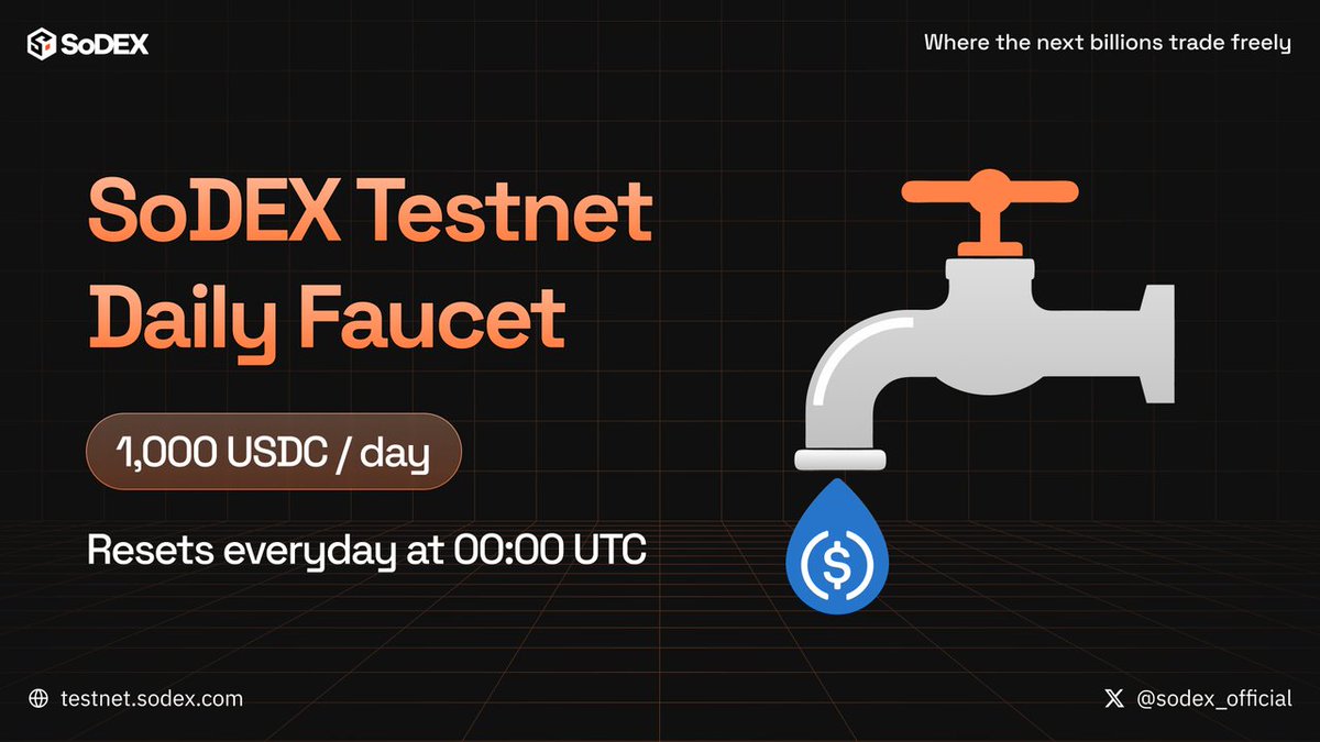 SoDEX Testnet Daily Faucet🚰

Whitelisted users can now claim 1,000 USDC test tokens daily at testnet.sodex.com

Miss a day? The allocation expires — no rollovers. Claims reset every 24h at 00:00 UTC.

Claim daily to stay fueled for non-stop trading and testing throughout