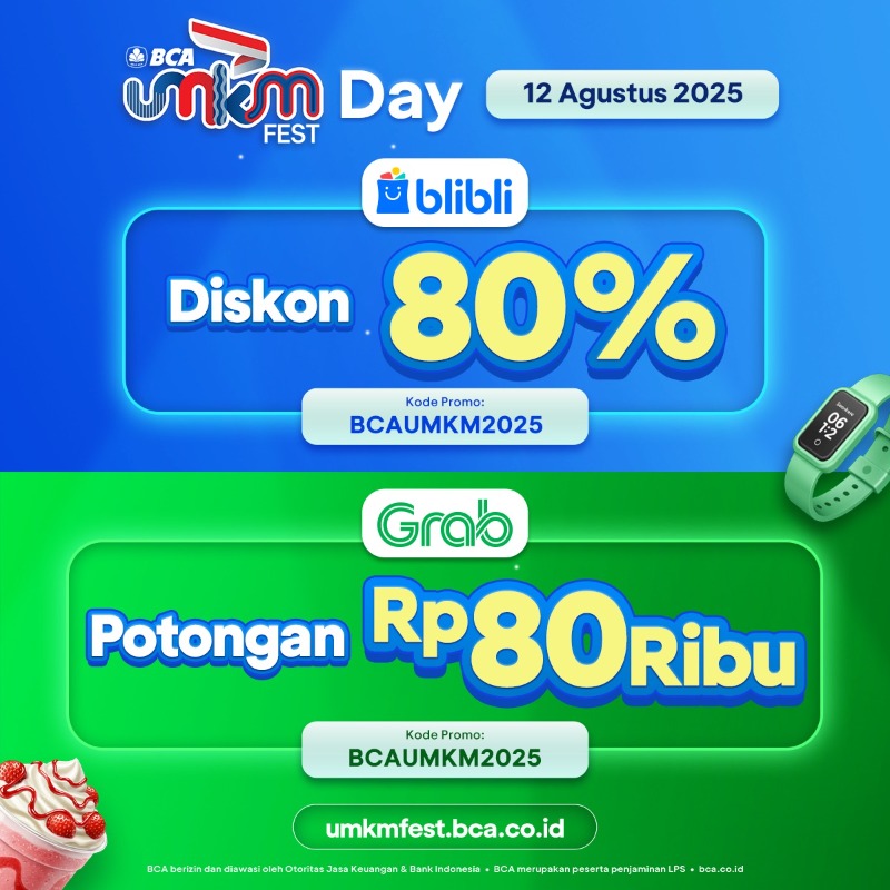 GoodLifeBCA's tweet photo. Diskon hingga 80% di BCA UMKM FEST Online 🛍️

Serbu brand lokal favorit dengan promo menarik!
⁠✨ Diskon hingga 40% Setiap Hari⁠⁠
⁠✨ Diskon Gercep hingga 50% Setiap Sabtu &amp; Minggu
⁠✨ Diskon UMKM Day hingga 80%
⁠⁠✨ Diskon Merdeka hingga 50%

🗓️ 1 Juli - 17 Agustus 2025