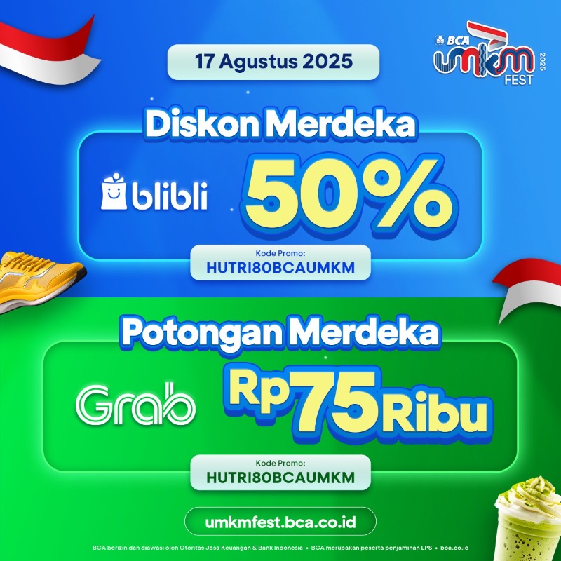 GoodLifeBCA's tweet photo. Diskon hingga 80% di BCA UMKM FEST Online 🛍️

Serbu brand lokal favorit dengan promo menarik!
⁠✨ Diskon hingga 40% Setiap Hari⁠⁠
⁠✨ Diskon Gercep hingga 50% Setiap Sabtu &amp; Minggu
⁠✨ Diskon UMKM Day hingga 80%
⁠⁠✨ Diskon Merdeka hingga 50%

🗓️ 1 Juli - 17 Agustus 2025