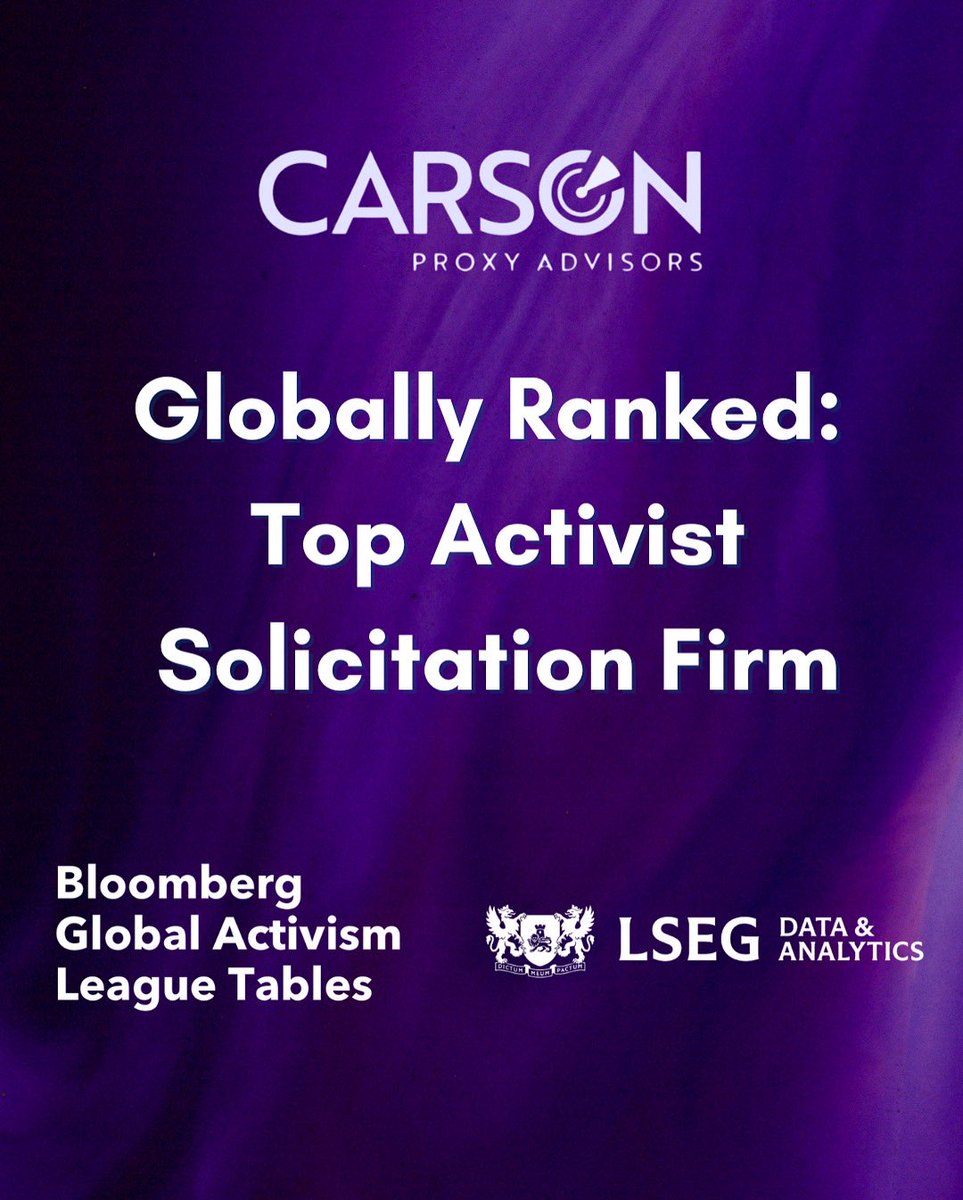 Carsonproxy (@carsonproxy) on Twitter photo Carson Proxy ranked among the Top Global Activist Proxy Solicitation Firms by <a href="/bloomberglaw/">Bloomberg Law</a> and <a href="/LSEGplc/">LSEG</a>
Proud to deliver results that make a global impact!
#CarsonProxy #Governance #Activism #Bloomberg #LSEG
<a href="/carsonproxy/">Carsonproxy</a> Carson Proxy ranked among the Top Global Activist Proxy Solicitation Firms by <a href="/bloomberglaw/">Bloomberg Law</a> and <a href="/LSEGplc/">LSEG</a>
Proud to deliver results that make a global impact!
#CarsonProxy #Governance #Activism #Bloomberg #LSEG
<a href="/carsonproxy/">Carsonproxy</a>