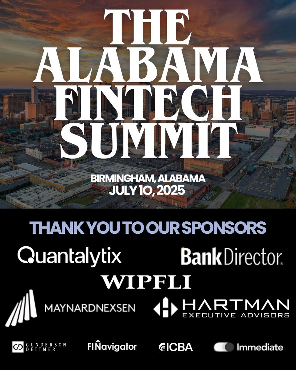 Just 1 week until our inaugural Alabama Fintech Summit!

Don’t miss your chance to join finance and technology leaders in Birmingham as we showcase Alabama’s growing fintech ecosystem, explore emerging trends, and build valuable connections.

Register: hubs.ly/Q03vMzJ60
