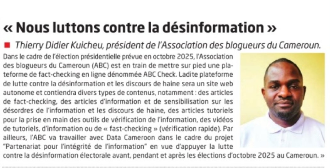 Thierry Didier KUICHEU - Ⓛⓔ ⓉⒹⓀ 🇨🇲 (@le_tdk) on Twitter photo <a href="/BloggersCM/">Asso Blogueurs CMR 🇨🇲</a> est engagée dans la lutte contre la désinformation électorale avant, pendant et après les élections présidentielles 2025 au Cameroun.
Extrait de l'édition du mercredi 02 juillet 2025 de Cameroon Tribune <a href="/BloggersCM/">Asso Blogueurs CMR 🇨🇲</a> est engagée dans la lutte contre la désinformation électorale avant, pendant et après les élections présidentielles 2025 au Cameroun.
Extrait de l'édition du mercredi 02 juillet 2025 de Cameroon Tribune