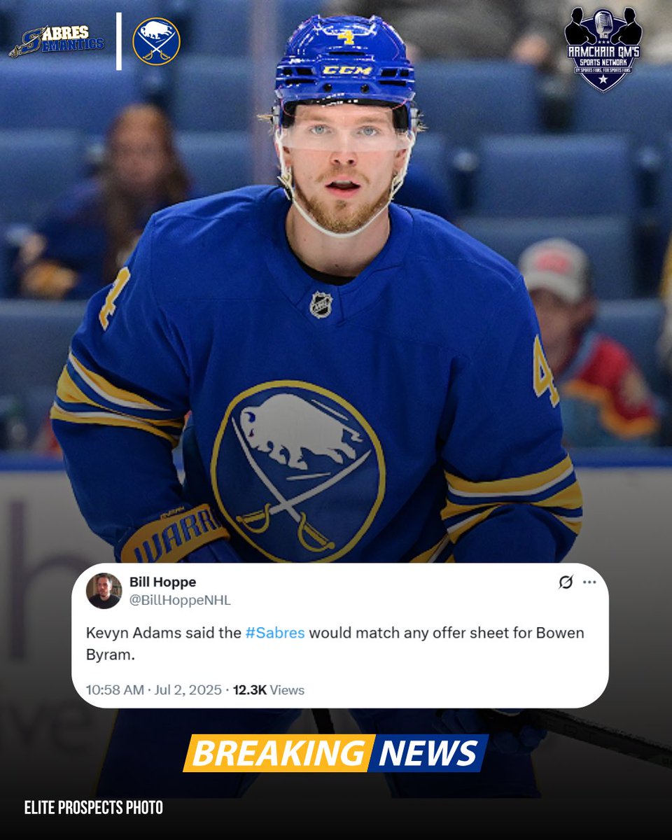 Sabres Semantics (@sabressemantics) on Twitter photo #Sabres GM Kevyn Adams made it clear at yesterday’s scrum that Buffalo would match any offer made to RFA defenceman Bowen Byram.
Trade rumours regarding the 24-year-old, left-shot, Stanley Cup winner have been swirling for months.
H/T: <a href="/BillHoppeNHL/">Bill Hoppe</a>
#Sabrehood #NHLFreeAgency #Sabres GM Kevyn Adams made it clear at yesterday’s scrum that Buffalo would match any offer made to RFA defenceman Bowen Byram.
Trade rumours regarding the 24-year-old, left-shot, Stanley Cup winner have been swirling for months.
H/T: <a href="/BillHoppeNHL/">Bill Hoppe</a>
#Sabrehood #NHLFreeAgency