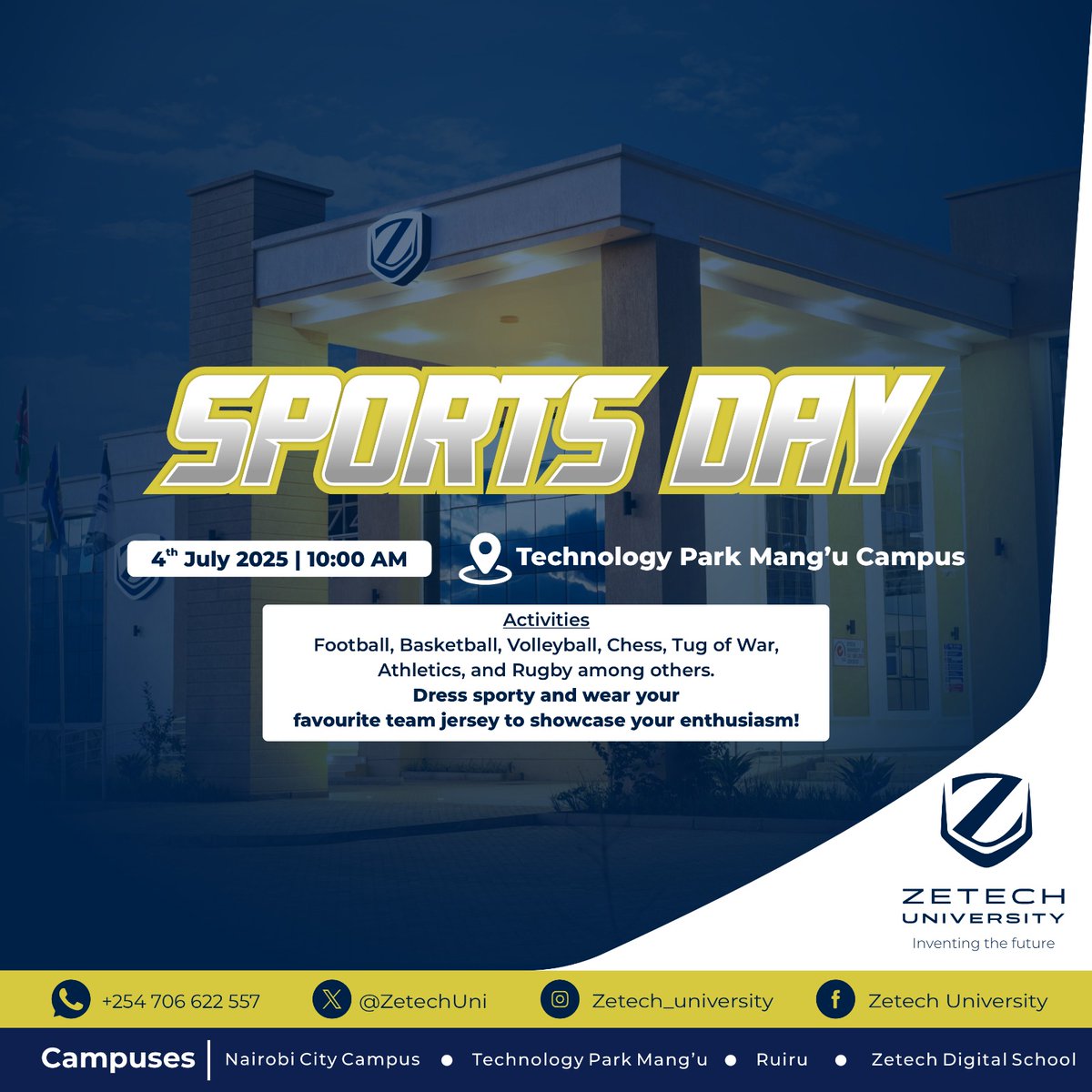 All books and no play⚽? Nah, not at Zetech! Let's shake off the lectures and bring the energy to the field  because Jack's not the  only one who needs a break!

Join us tomorrow for the ⚽Sports Day 2025 at the Technology Park Mang'u Campus from 10:00am.

#SportsDay2025