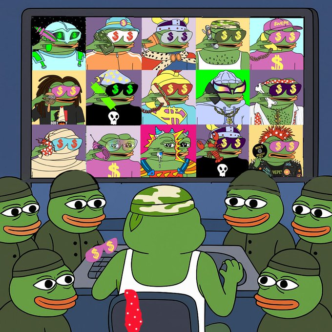 WEPEToken's tweet photo. GM WEB3 FAM. Dropping $100 to @CavinKrenik 

Timeline flooded in green: art, posts &amp; raids. I see you. Troop of the week is open to anyone. Stay loud. 🐸⚔️ https://t.co/8RTOJdxqhx