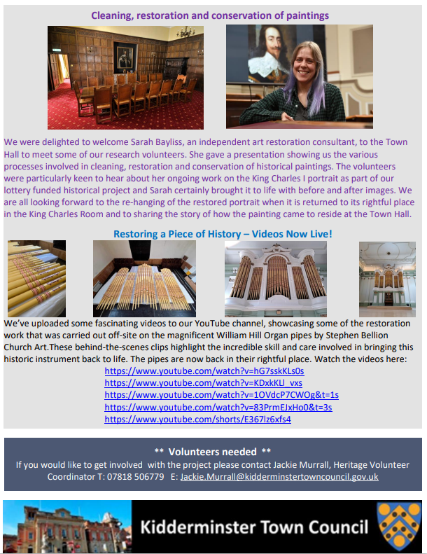 🌞 Summer 2025 Newsletter is out!

King Charles I painting: being restored by Drakon Heritage and Conservation.
Organ pipes: restored by Stephen Bellion Church Art, refitted by Peter Spencer Ltd.
📰 kidderminstertownhall.org.uk/national-lotte…

#KidderminsterTownHall #Heritage #Restoration #NLHF