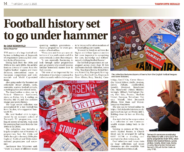 Alex Keller (@alexkeller_pr) on Twitter photo Thanks <a href="/dannewb/">Daniel</a> for this lovely piece in today's <a href="/tamworthherald/">Tamworth Herald</a> about a super collection of football programmes spanning 50 years of the English Football League including a comprehensive archive of <a href="/tamworthfc/">Tamworth Football Club</a> games - the collector's local team ⚽
Timed sale starts tomorrow 🕔 Thanks <a href="/dannewb/">Daniel</a> for this lovely piece in today's <a href="/tamworthherald/">Tamworth Herald</a> about a super collection of football programmes spanning 50 years of the English Football League including a comprehensive archive of <a href="/tamworthfc/">Tamworth Football Club</a> games - the collector's local team ⚽
Timed sale starts tomorrow 🕔