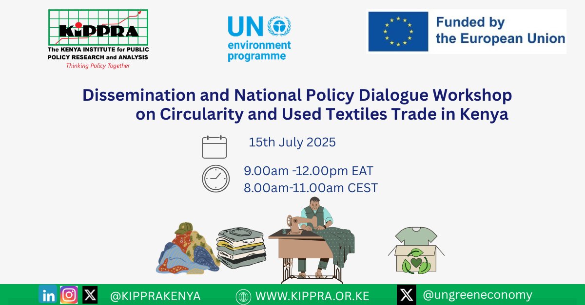 On 15 July, UNEP and <a href="/KIPPRAKENYA/">KIPPRA</a> will convene a policy dialogue on Kenya’s used textiles trade, as part of the <a href="/EU_Commission/">European Commission</a> funded Circularity and Used Textiles Project, aiming to advance circularity and sustainability practices in the #Mitumba sector. 🇰🇪♻️