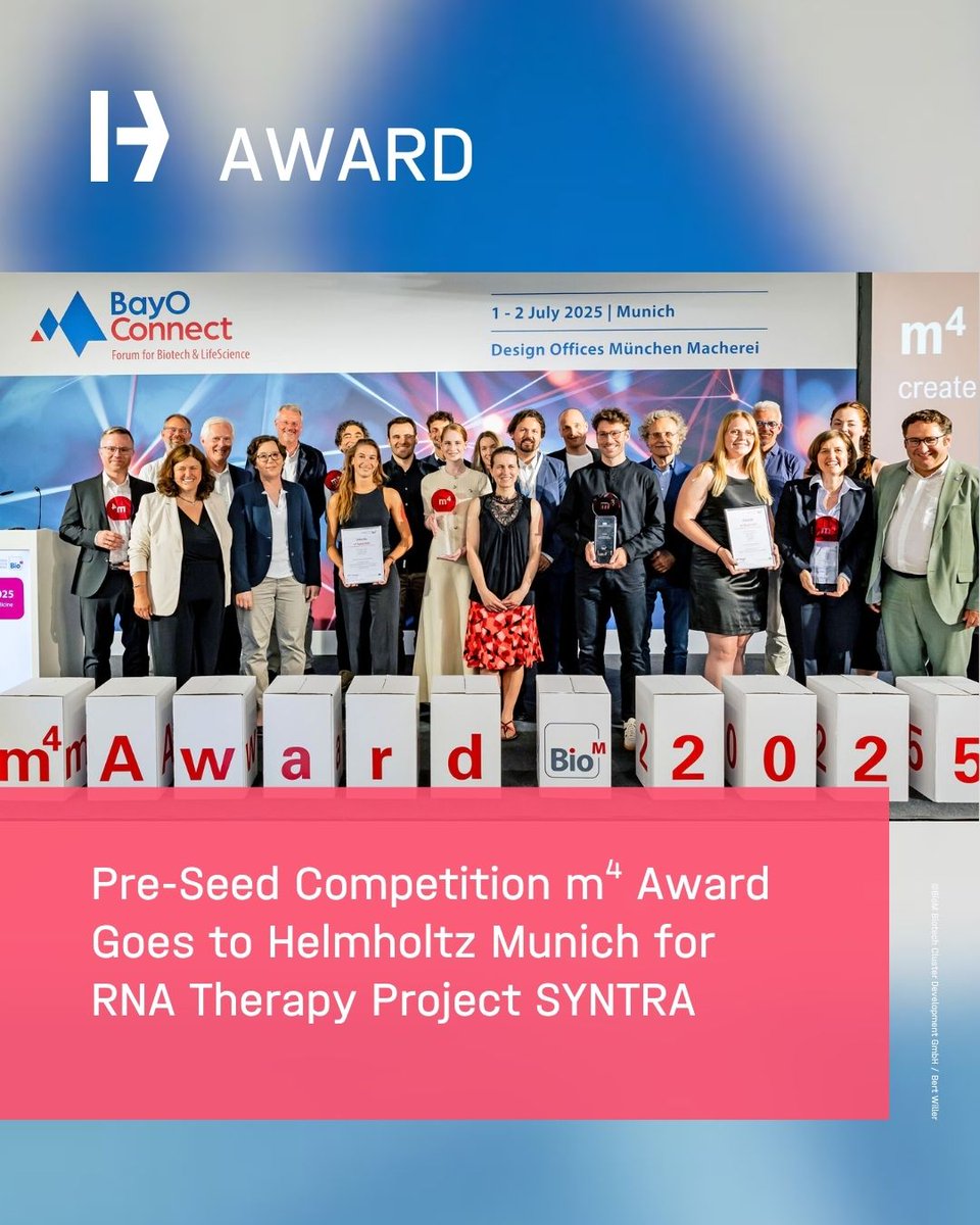 Helmholtz Munich Wins M4 Award 2025 for RNA Therapy Spin-off Project 🏆

👉t1p.de/6fyup

Researchers at #HelmholtzMunich have received the m4 Award 2025, a pre-seed competition that supports promising biomedical spin-offs in Bavaria. The award was presented during the