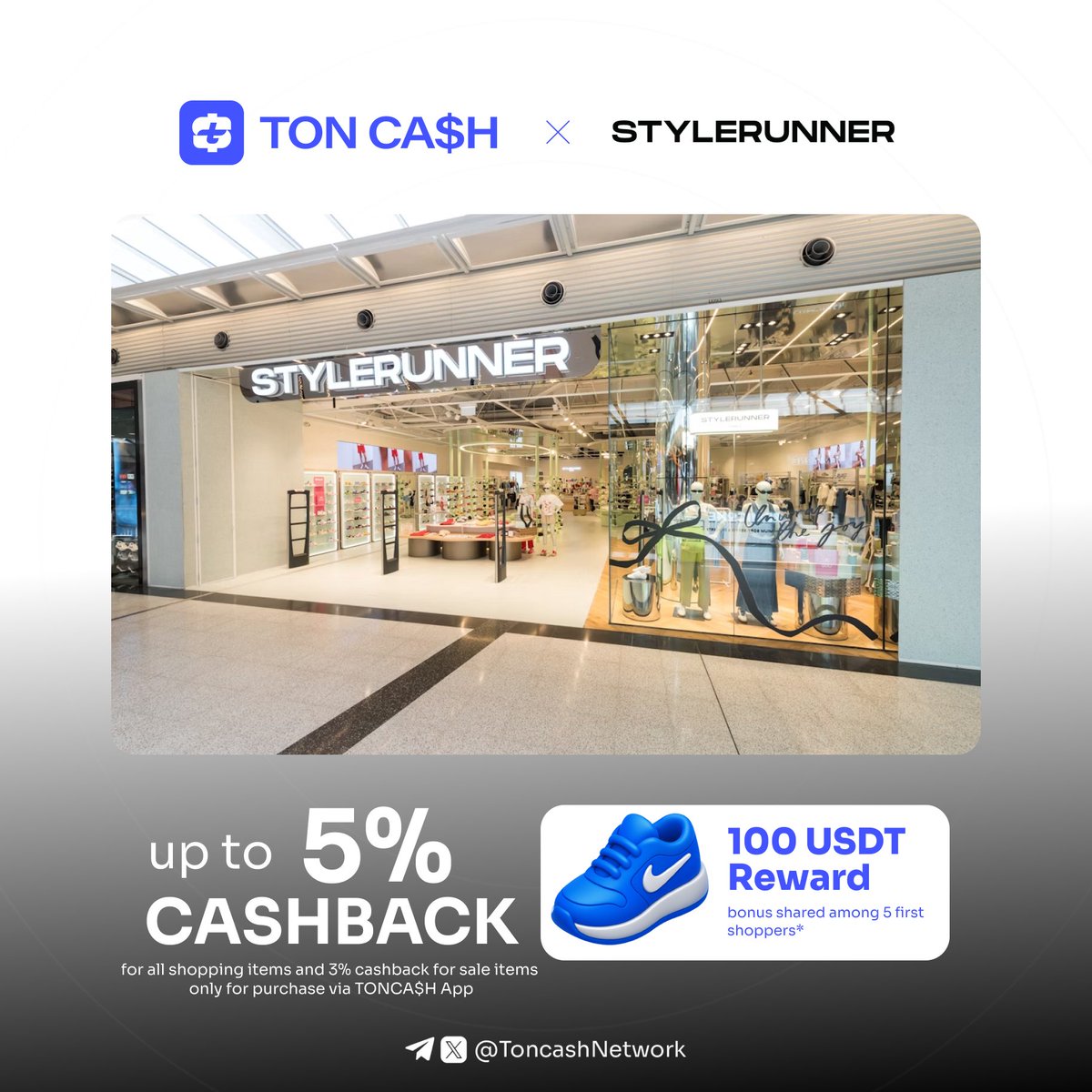 ToncashNetwork's tweet photo. π Stylerunner Deal is Live on TONCA$H!
Snag the freshest activewear and athleisure looks β and get up to 5% cashback while you shop.
π° Shop smarter. Run bolder.
Only on TONCA$H π
Shop now: https://t.co/HPS76cdJi3
#shoeslovers #cashback #TONCASH #CryptoPayments #Crypto #CryptoCard #CryptoCashback #running