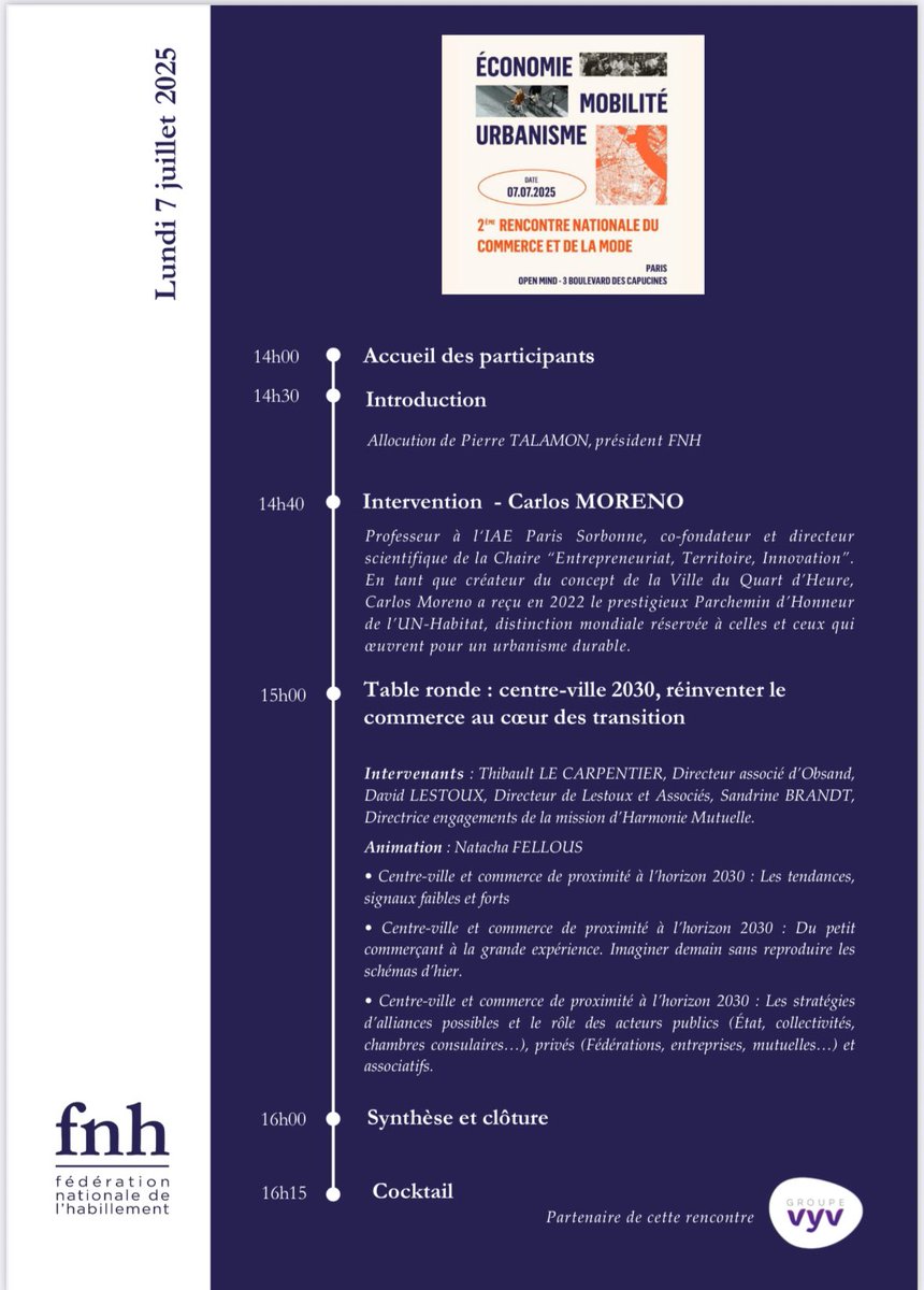📢 La FNH vous invite à la 2e Rencontre nationale du commerce &amp; de la mode !
📅 7 juillet – 14h30
📍 Open Mind, Paris 2e
🧭 Urbanisme • 🚗 Mobilité • 🌿 Transition écolo • 🛍️ Nouvelles consommations
🎟️ Inscription : shorturl.at/I4z0s