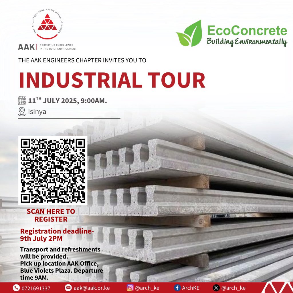 AAK Engineers Chapter in collaboration with EcoConcrete Kenya <a href="/EcoconcreteK/">EcoConcrete Kenya</a> invites you to an Industrial tour, specially for professionals in the built environment.

📅 Date: 11th July 2025
🕘 Time: 9:00 AM
📍 Location: Isinya
🚌 Transport &amp; refreshments provided