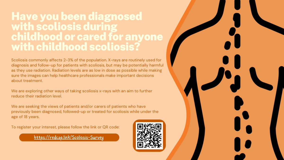 Academic Centre for Surgery (ACeS) (@aces_southtees) on Twitter photo 📣We’d love to hear from patients (and family or carers of patients) who have previously been diagnosed, followed-up or treated for #scoliosis while under the age of 18 
Please follow the link: redcap.link/scoliosis-surv…
Or scan the QR code 📲 📣We’d love to hear from patients (and family or carers of patients) who have previously been diagnosed, followed-up or treated for #scoliosis while under the age of 18 
Please follow the link: redcap.link/scoliosis-surv…
Or scan the QR code 📲