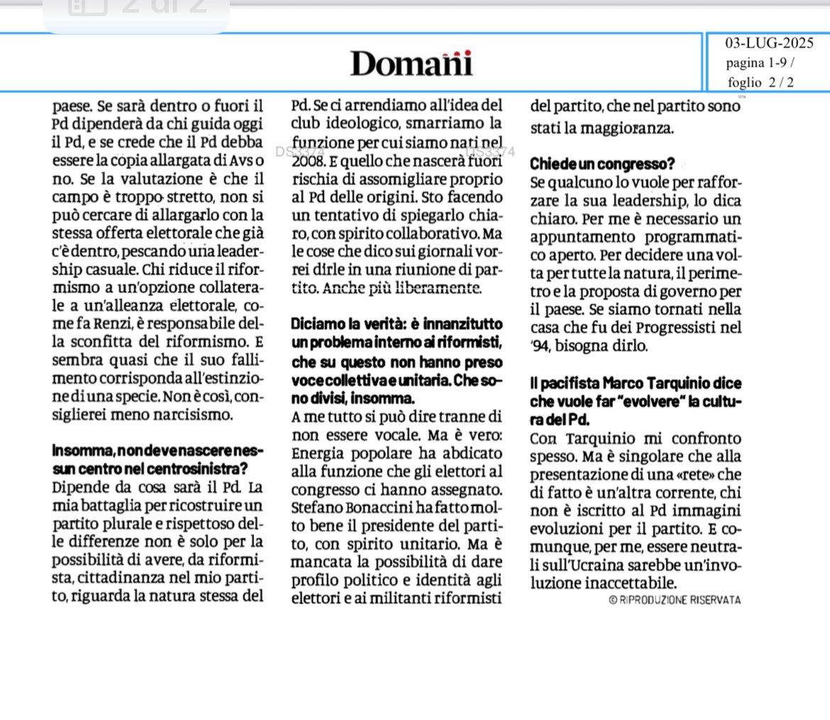 Il Pd non può diventare un club ideologico dove si sta bene solo con chi la pensa allo stesso modo, deve essere aperto, plurale, pronto ad accogliere le differenze. 
E invece noto un tentativo per evitare le occasioni di confronto, come se chi la pensa diversamente fosse un