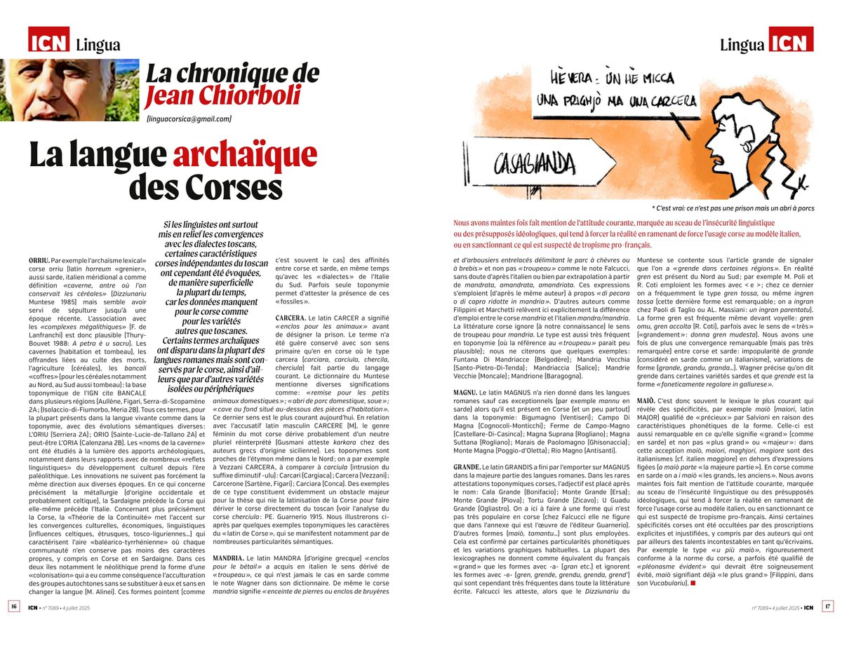 LA LANGUE ARCHAÏQUE DES CORSES (Jean Chiorboli, 04 juillet 2025, icn.corsica, chronique 090).
Contact, infos &amp; texte intégral des articles: linguacorsica@gmail.com