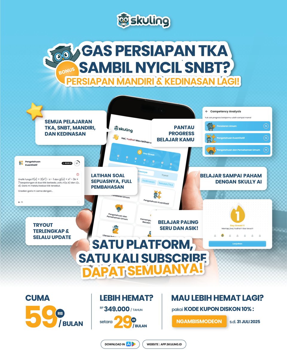 SkulingID's tweet photo. Pusing sendiri karena harus siapin TKA, SNBT, belum lagi mimpi ngejar Sekolah Kedinasan? 🤯

Good news! Kamu bisa nyicil semuanya di 1 platform: ✨SKULING✨

✅ Cukup 1 kali subscribe
✅ Siap masuk PTN!
✅ Siap lolos Sekolah Kedinasan👮‍♂️ https://t.co/RM6w7aifXY
