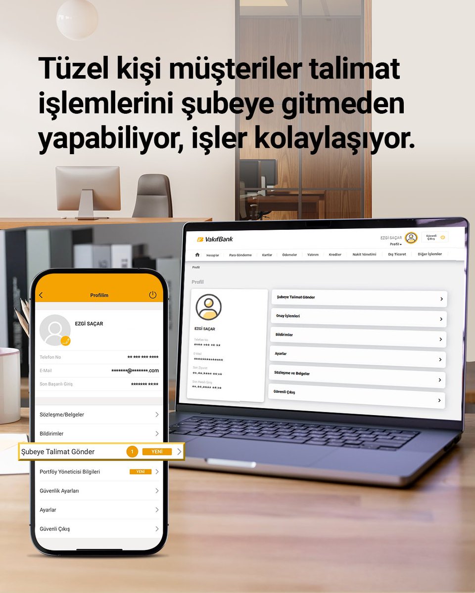 VakıfBank Mobil ve internet bankacılığı kanallarında yer alan "Şubeye Talimat Gönder" menüsü ile tüzel kişi müşterilerimiz talimatlarını hızlı bir şekilde hesaplarının bağlı olduğu şubeye gönderebilir, "Talimat Sorgula" menüsünden gönderdiği talimatların durumunu kontrol