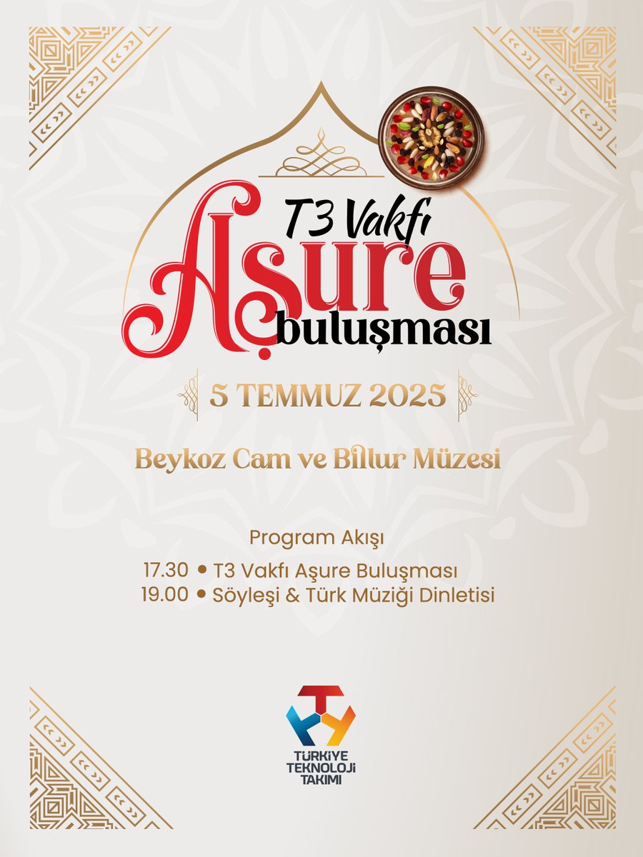 ❝T3 Vakfı Aşure Buluşması❞

Farklı lezzetlerin aynı kazanda buluştuğu, birliğin ve kardeşliğin simgesi Aşure Günü’nde [Takım Halinde] bir aradayız.

Sizi de bu bereketli buluşmaya bekleriz. 💐

🗓 5 Temmuz 2025
🕠 17.30 – T3 Vakfı Aşure Buluşması
🎶 19.00 – Söyleşi &amp; Türk